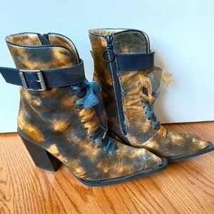 Fluevog, velvet camo booties. Size 7